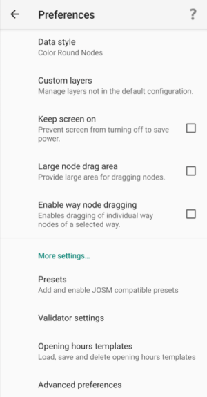 Vespucci Preferences menu